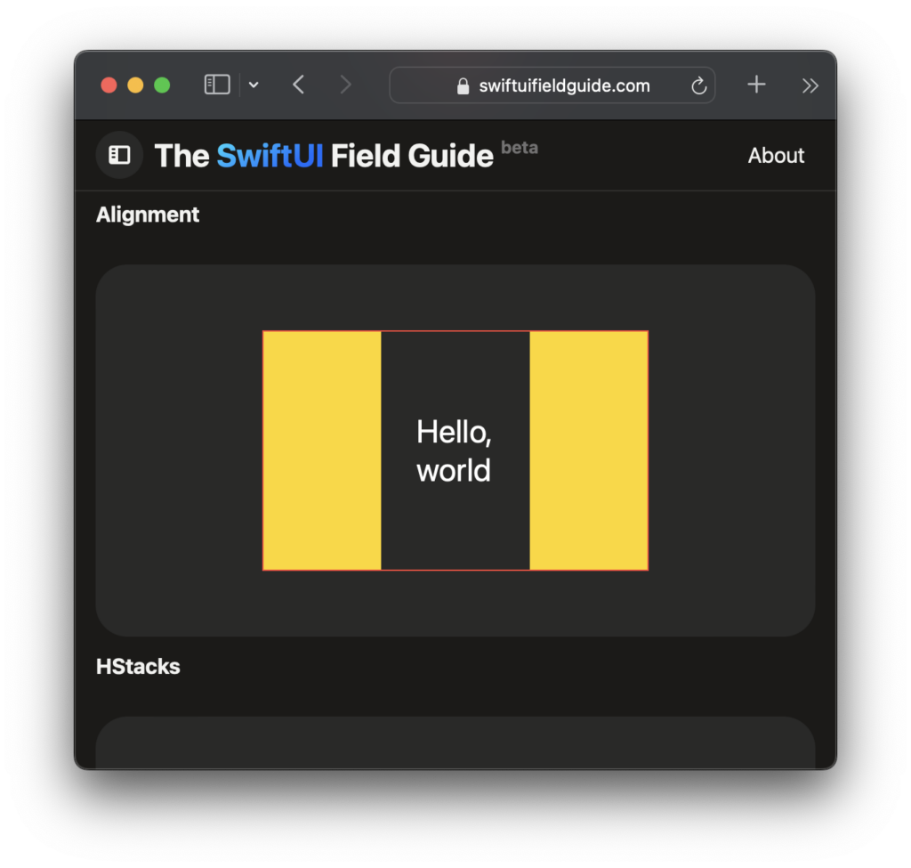 A screenshot of the SwitUI Field Guide website showing the "Alignment" tutorial. 